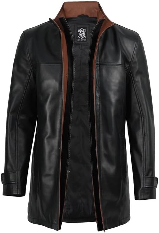 image:imageBlingsoul MidLength Leather Coat Mens Real Lambskin Long Leather Jacket MenBlack Cognac