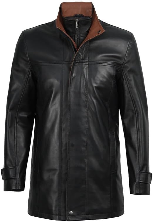 image:imageBlingsoul MidLength Leather Coat Mens Real Lambskin Long Leather Jacket MenBlack Cognac