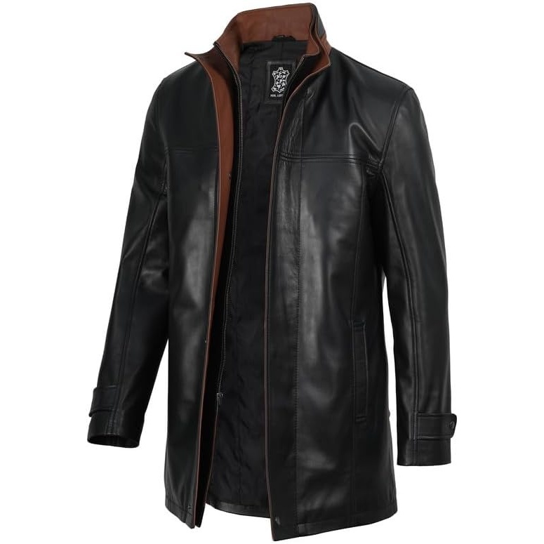 image:imageBlingsoul MidLength Leather Coat Mens Real Lambskin Long Leather Jacket MenBlack Cognac