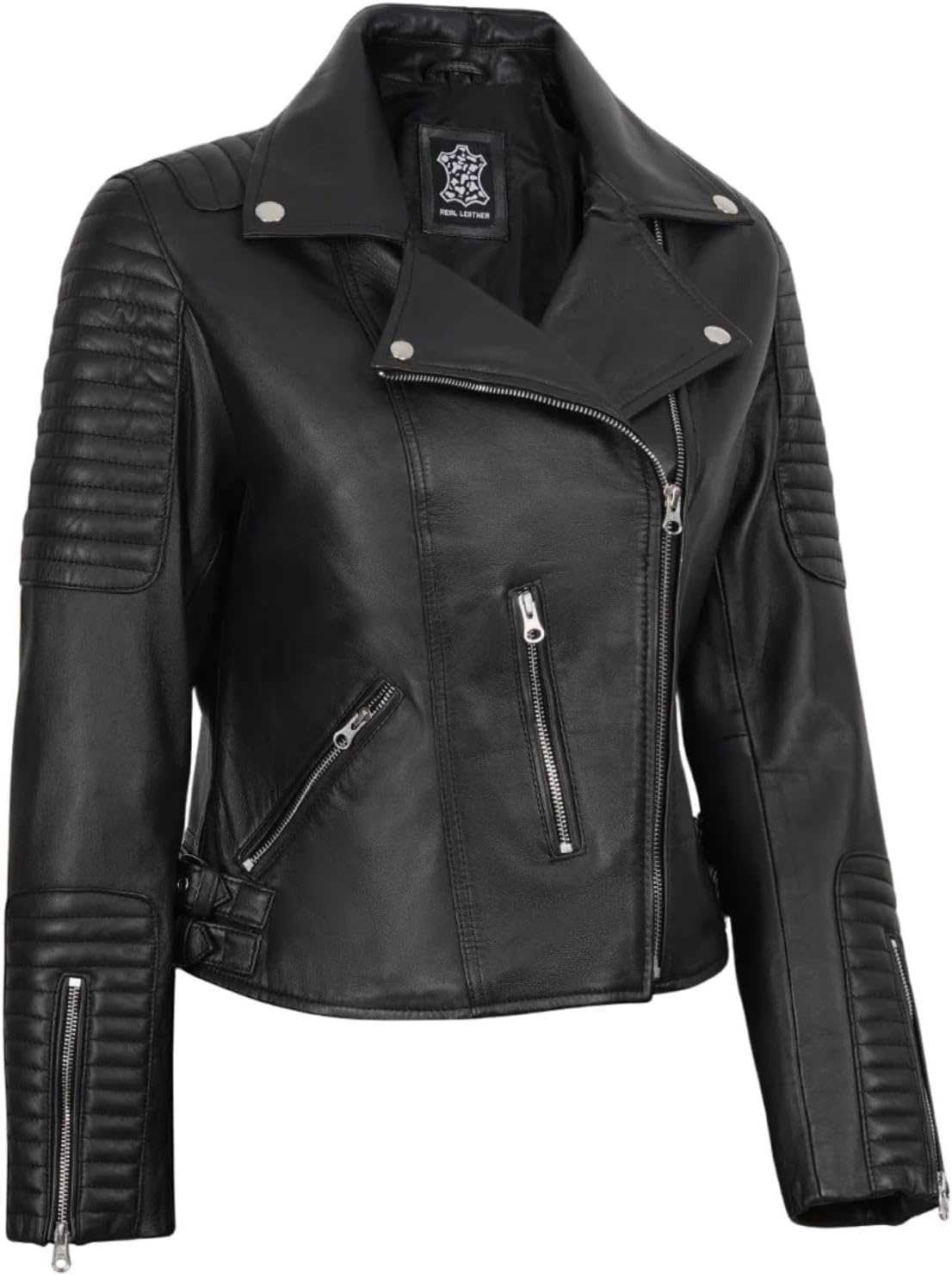 image:imageBlingsoul Asymmetrical Leather Jacket Women Real Lambskin Motorcycle Style Jacket for Womens with Lapel CollarBlack
