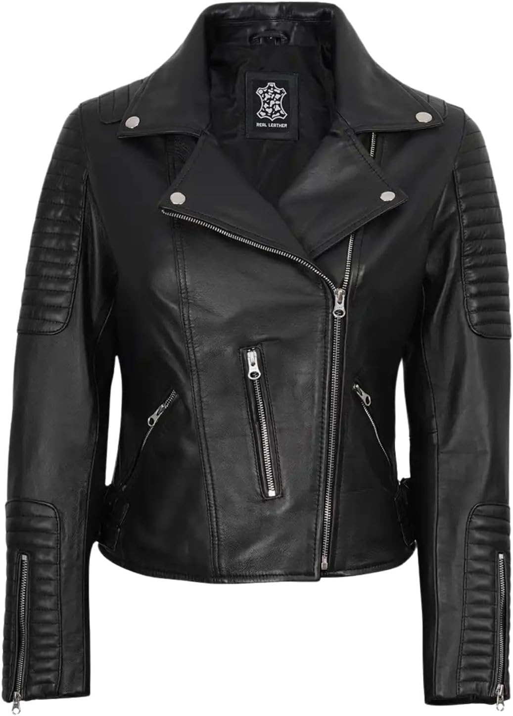 image:imageBlingsoul Asymmetrical Leather Jacket Women Real Lambskin Motorcycle Style Jacket for Womens with Lapel CollarBlack