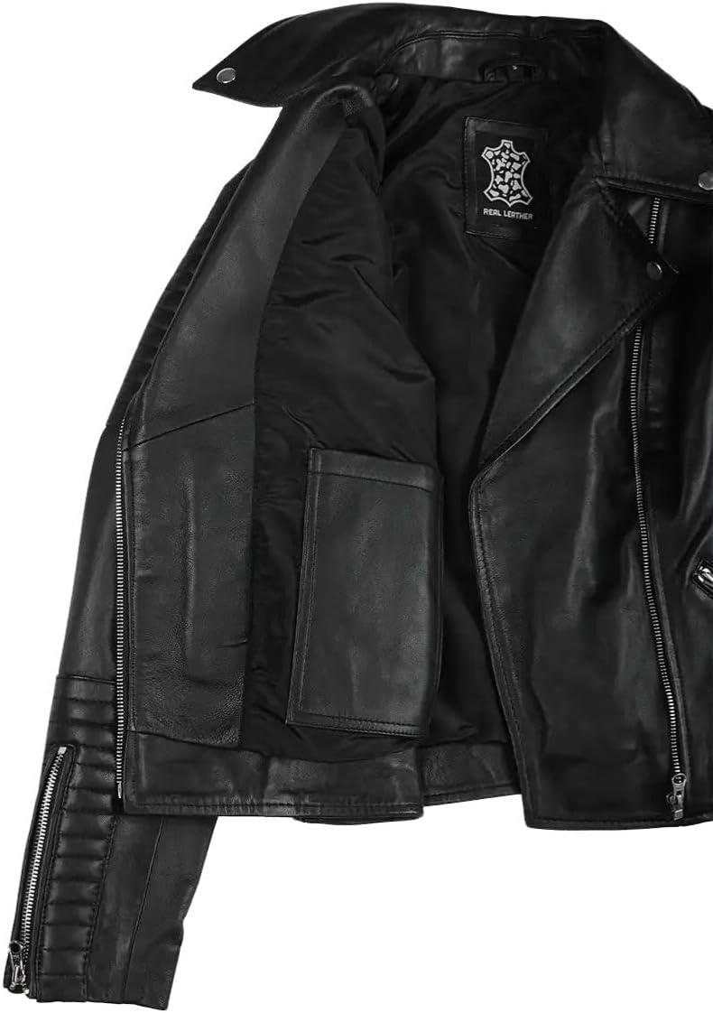 image:imageBlingsoul Asymmetrical Leather Jacket Women Real Lambskin Motorcycle Style Jacket for Womens with Lapel CollarBlack