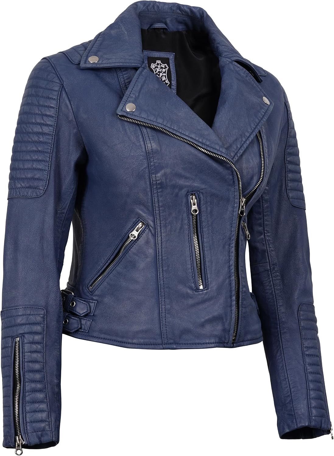 image:imageBlingsoul Asymmetrical Leather Jacket Women Real Lambskin Motorcycle Style Jacket for Womens with Lapel CollarWashed Distressed Blue