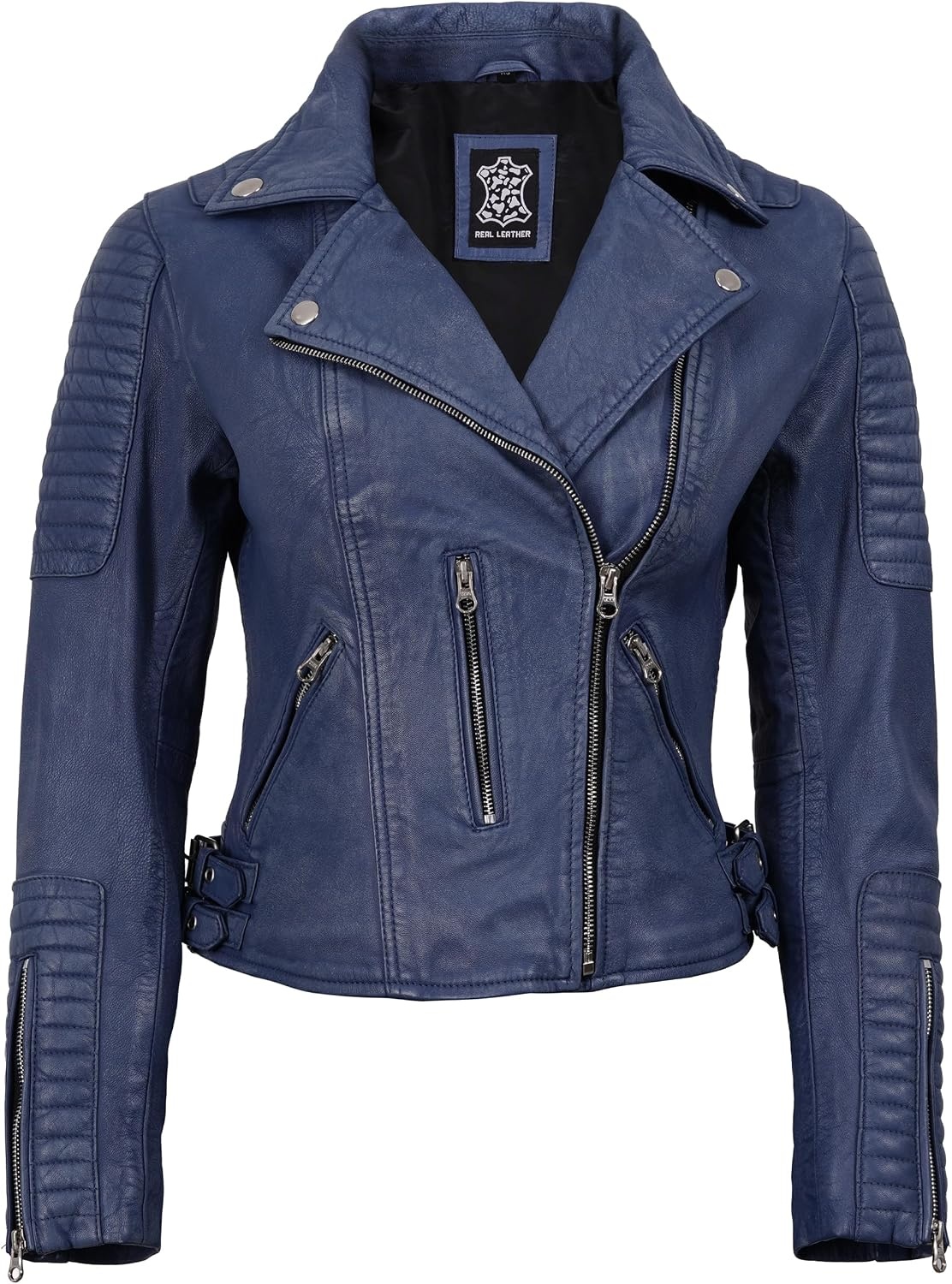 image:imageBlingsoul Asymmetrical Leather Jacket Women Real Lambskin Motorcycle Style Jacket for Womens with Lapel CollarWashed Distressed Blue