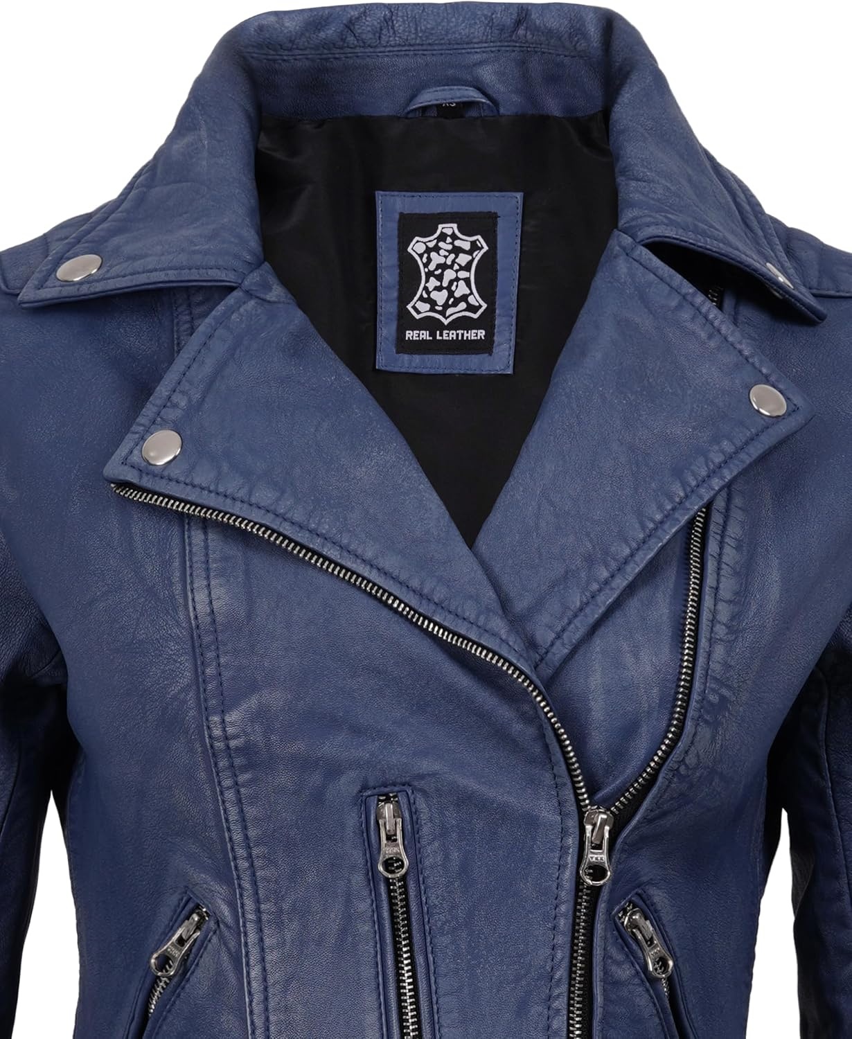 image:imageBlingsoul Asymmetrical Leather Jacket Women Real Lambskin Motorcycle Style Jacket for Womens with Lapel CollarWashed Distressed Blue