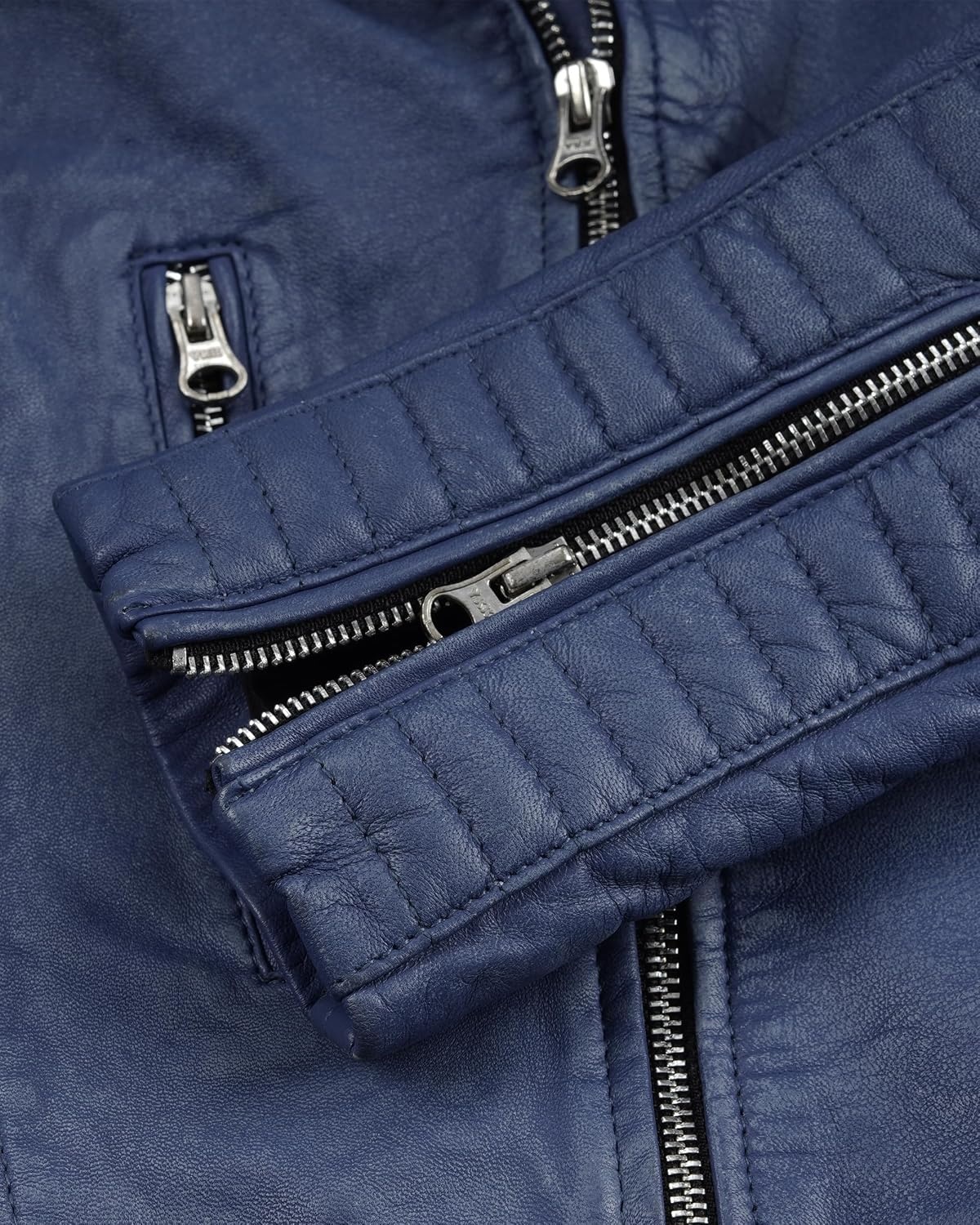 image:imageBlingsoul Asymmetrical Leather Jacket Women Real Lambskin Motorcycle Style Jacket for Womens with Lapel CollarWashed Distressed Blue