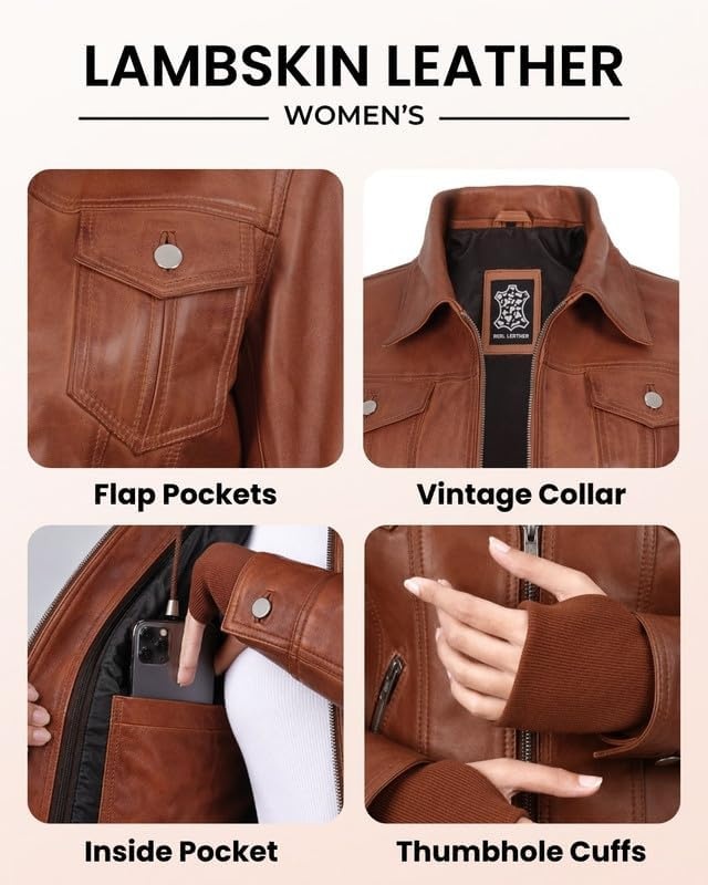 image:imageBlingsoul Real Leather Jacket Women Lambskin Jackets for WomensBrown Tan Wax