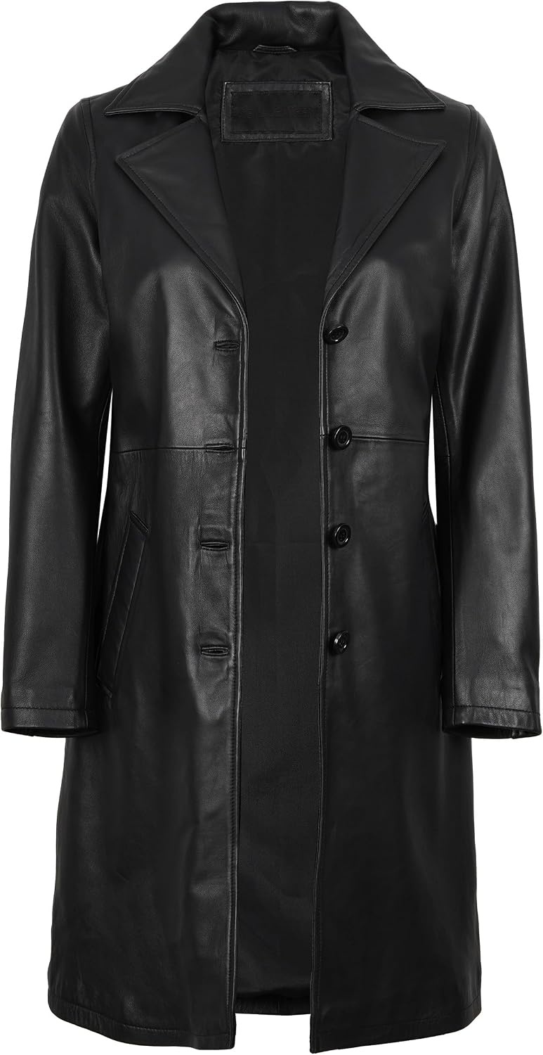 image:imageBlingsoul Real Long Leather Jacket Women Vintage Lambskin Leather Car Coat for Womens With Notched Lapel CollarBlack
