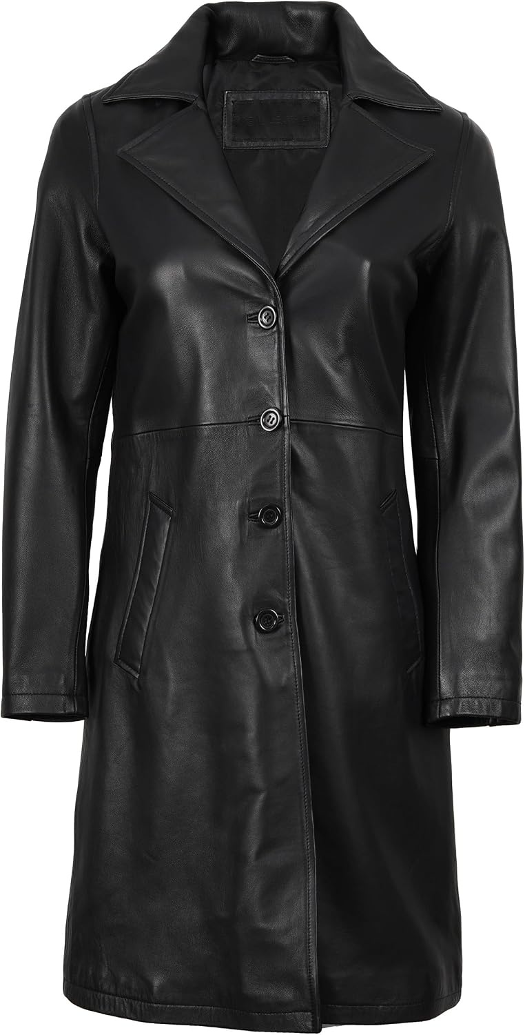 image:imageBlingsoul Real Long Leather Jacket Women Vintage Lambskin Leather Car Coat for Womens With Notched Lapel CollarBlack