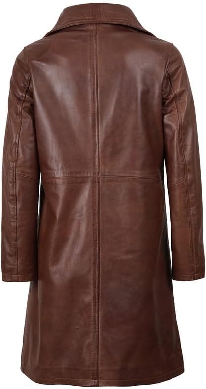 image:imageBlingsoul Real Long Leather Jacket Women Vintage Lambskin Leather Car Coat for Womens With Notched Lapel CollarCognac Wax