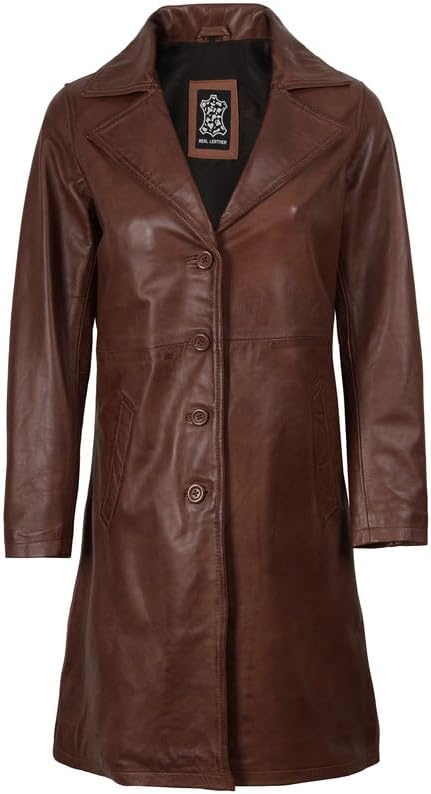 image:imageBlingsoul Real Long Leather Jacket Women Vintage Lambskin Leather Car Coat for Womens With Notched Lapel CollarCognac Wax