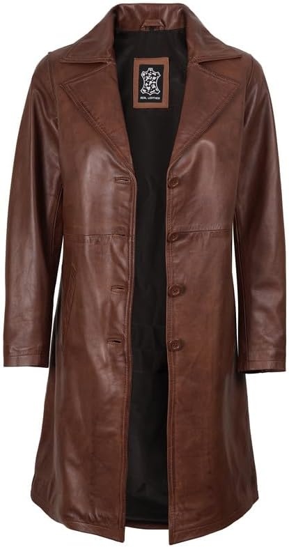 image:imageBlingsoul Real Long Leather Jacket Women Vintage Lambskin Leather Car Coat for Womens With Notched Lapel CollarCognac Wax