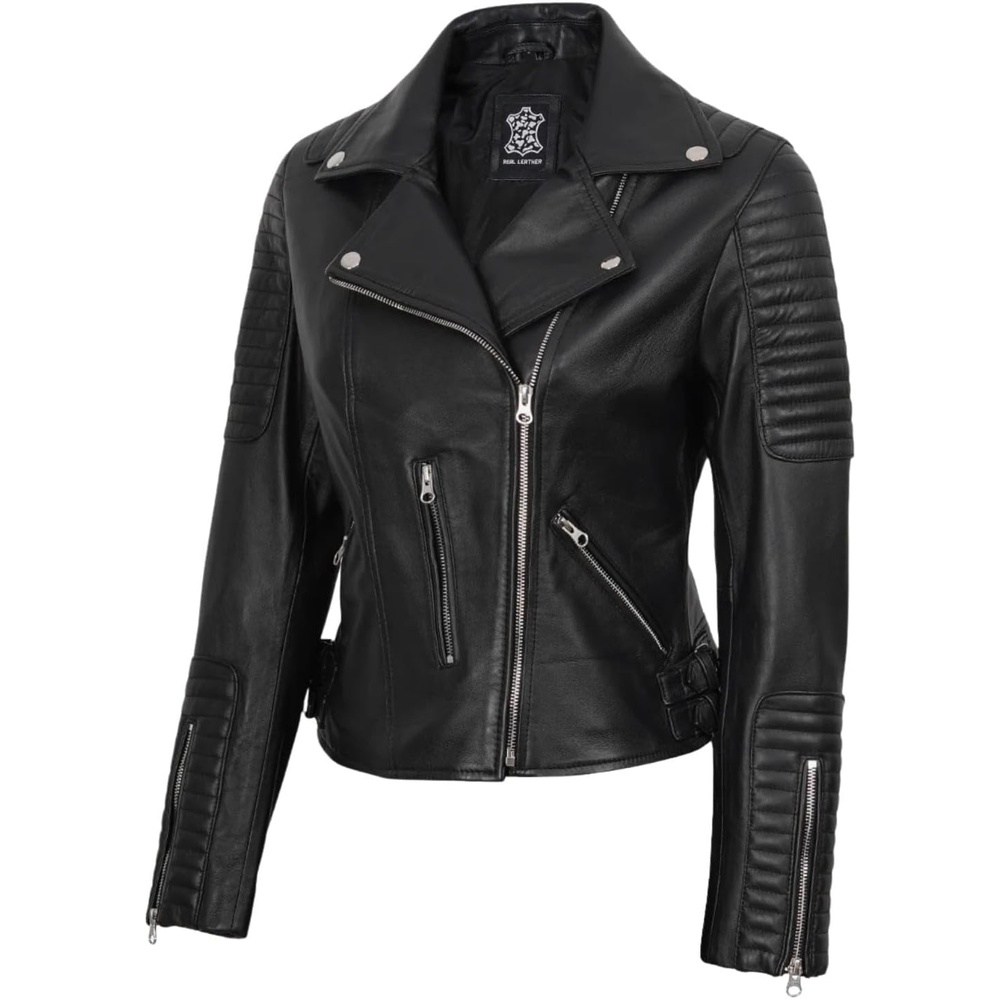 image:imageBlingsoul Asymmetrical Leather Jacket Women Real Lambskin Motorcycle Style Jacket for Womens with Lapel CollarBlack