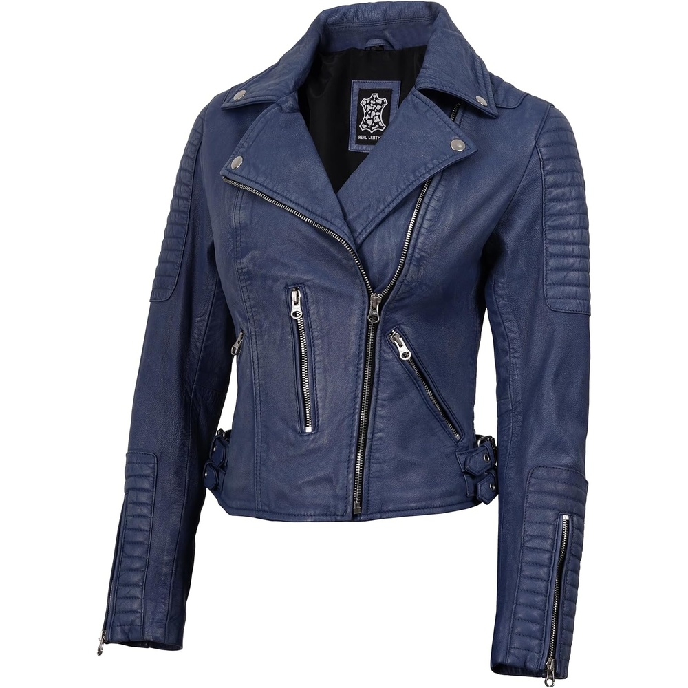image:imageBlingsoul Asymmetrical Leather Jacket Women Real Lambskin Motorcycle Style Jacket for Womens with Lapel CollarWashed Distressed Blue