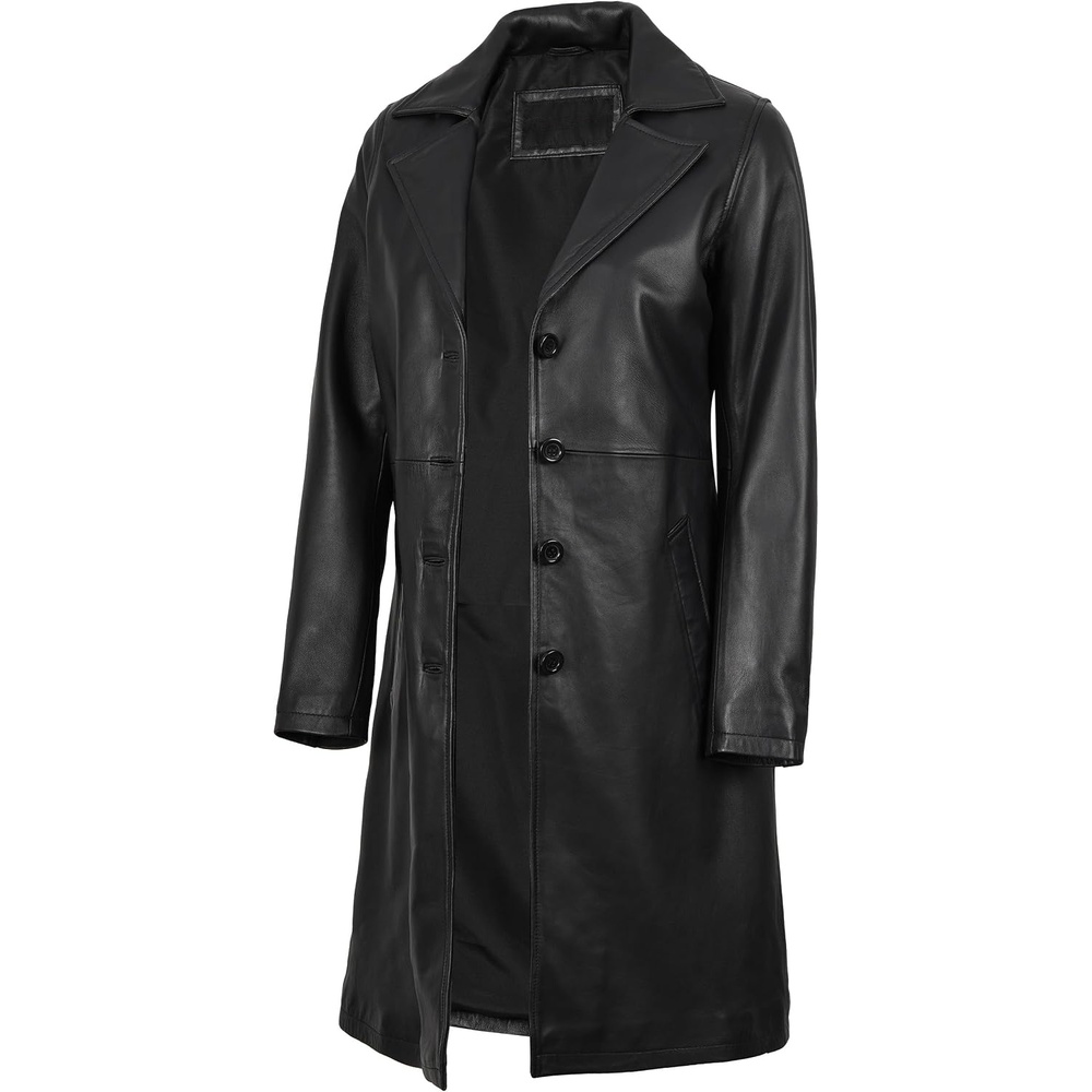 image:imageBlingsoul Real Long Leather Jacket Women Vintage Lambskin Leather Car Coat for Womens With Notched Lapel CollarBlack