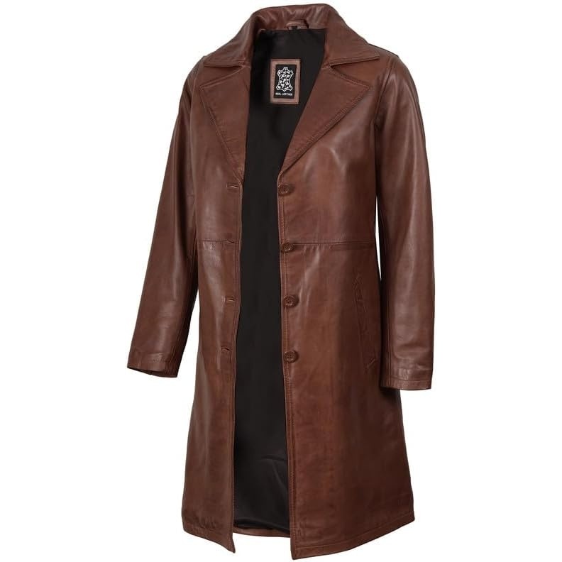 image:imageBlingsoul Real Long Leather Jacket Women Vintage Lambskin Leather Car Coat for Womens With Notched Lapel CollarCognac Wax