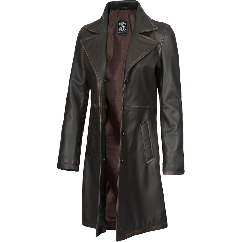 image:imageBlingsoul Real Long Leather Jacket Women Vintage Lambskin Leather Car Coat for Womens With Notched Lapel CollarDark Brown Rub Off