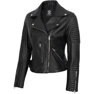 Blingsoul Asymmetrical Leather Jacket Women – Real Lambskin Motorcycle Style Jacket for Womens with Lapel Collar(Black)