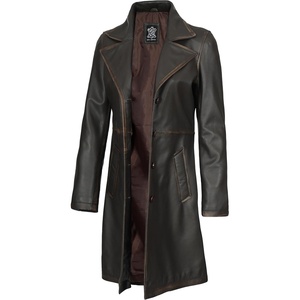 Blingsoul Real Long Leather Jacket Women – Vintage Lambskin Leather Car Coat for Womens With Notched Lapel Collar(Dark Brown Rub Off)