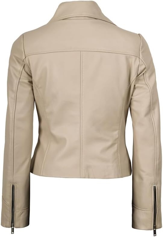 image:imageBlingsoul Asymmetrical Leather Jacket Women Real Lambskin Motorcycle Style Jacket for Women Genuine Womens Leather JacketBeige