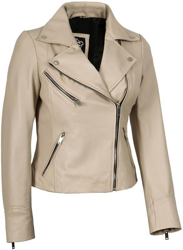 image:imageBlingsoul Asymmetrical Leather Jacket Women Real Lambskin Motorcycle Style Jacket for Women Genuine Womens Leather JacketBeige