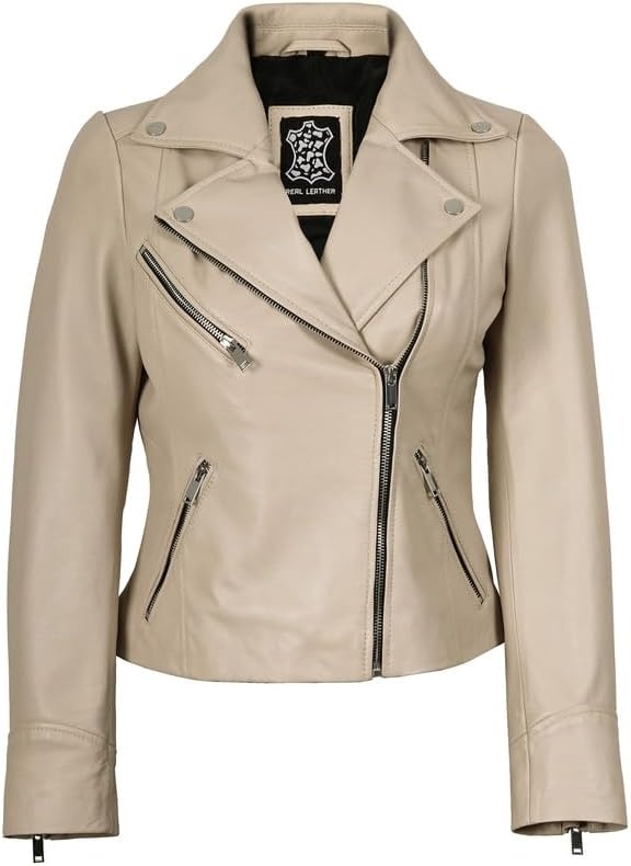 image:imageBlingsoul Asymmetrical Leather Jacket Women Real Lambskin Motorcycle Style Jacket for Women Genuine Womens Leather JacketBeige