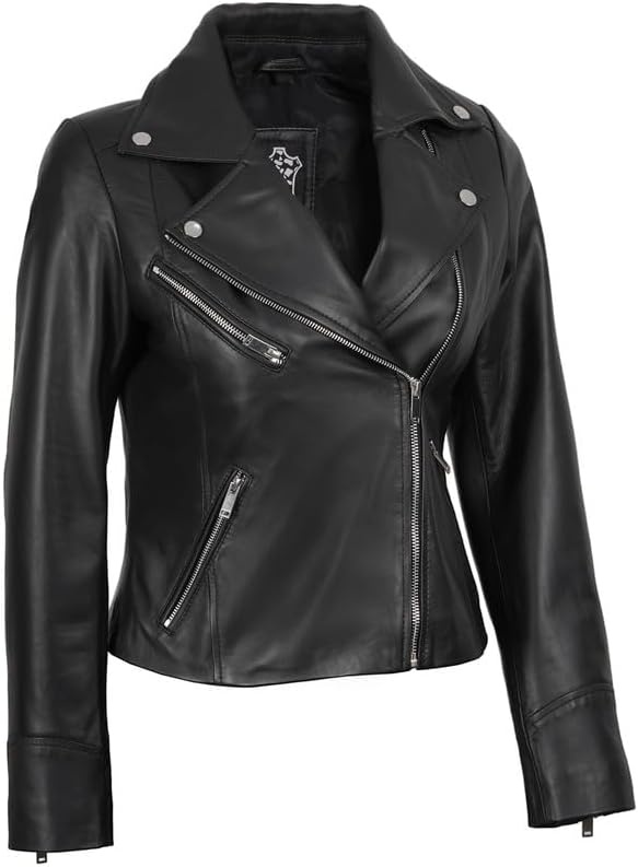 image:imageBlingsoul Asymmetrical Leather Jacket Women Real Lambskin Motorcycle Style Jacket for Women Genuine Womens Leather JacketBlack