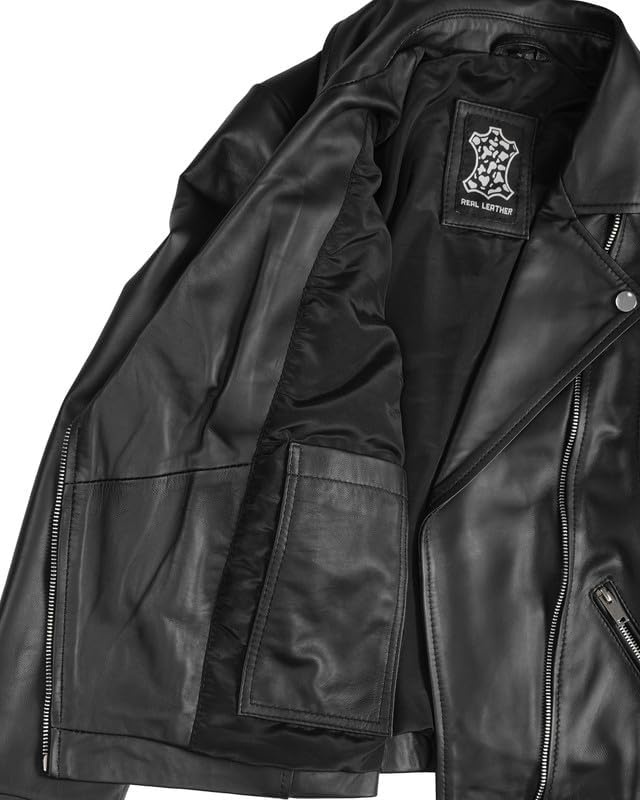 image:imageBlingsoul Asymmetrical Leather Jacket Women Real Lambskin Motorcycle Style Jacket for Women Genuine Womens Leather JacketBlack