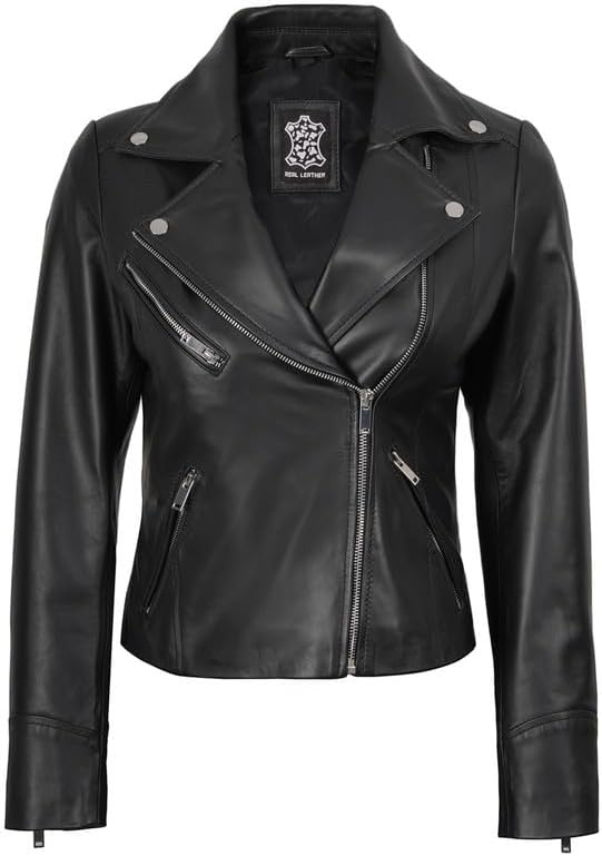 image:imageBlingsoul Asymmetrical Leather Jacket Women Real Lambskin Motorcycle Style Jacket for Women Genuine Womens Leather JacketBlack