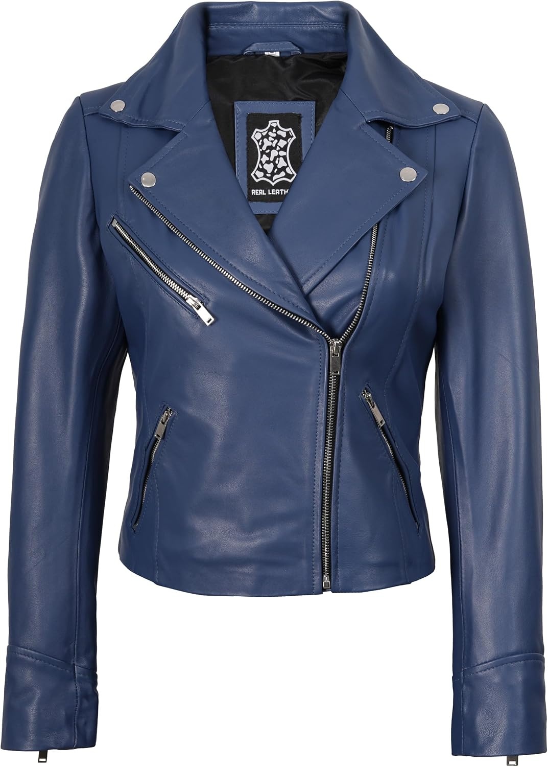 image:imageBlingsoul Asymmetrical Leather Jacket Women Real Lambskin Motorcycle Style Jacket for Women Genuine Womens Leather JacketBlue