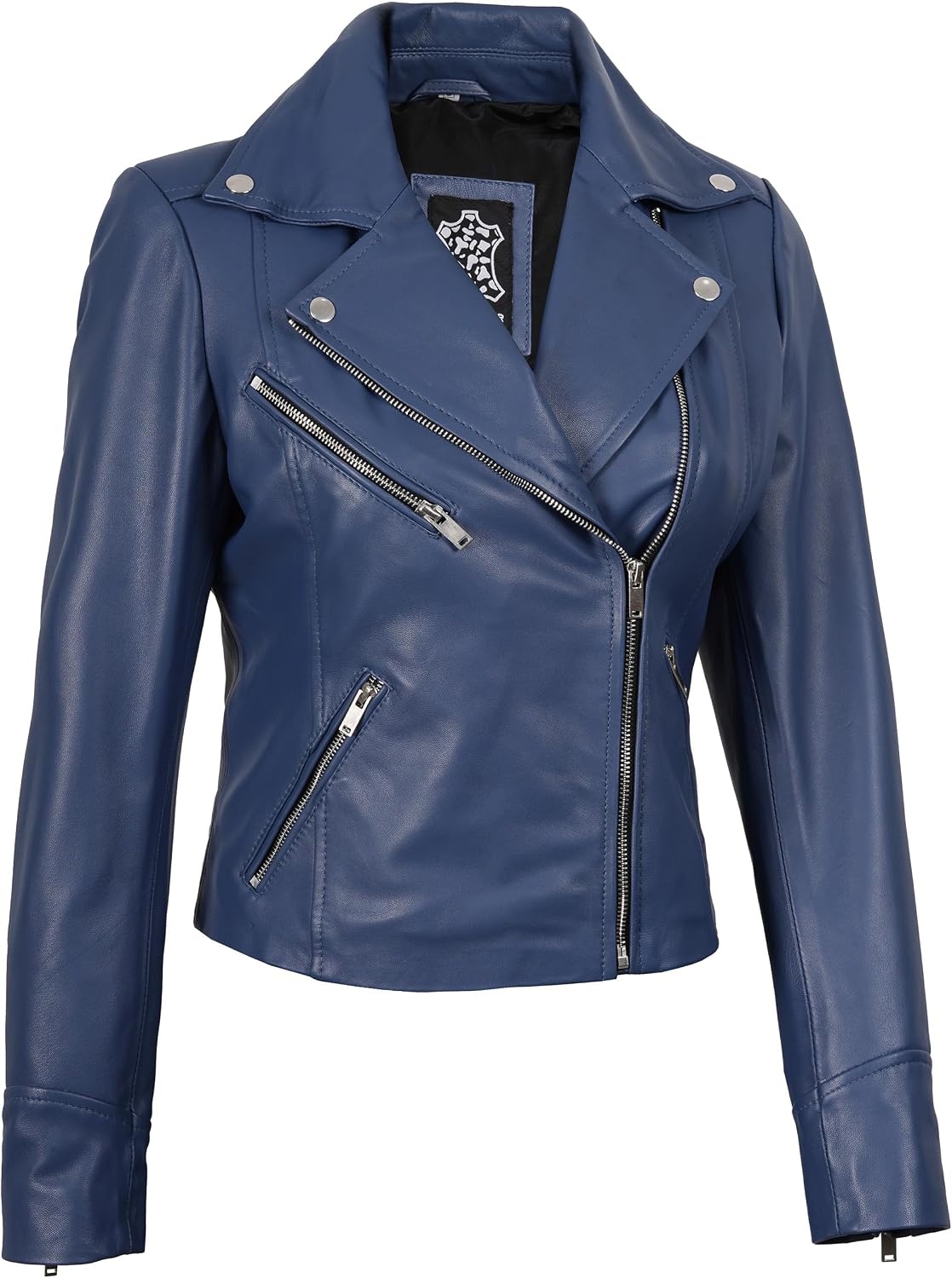 image:imageBlingsoul Asymmetrical Leather Jacket Women Real Lambskin Motorcycle Style Jacket for Women Genuine Womens Leather JacketBlue