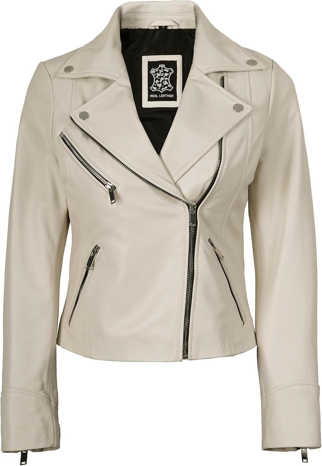 image:imageBlingsoul Asymmetrical Leather Jacket Women Real Lambskin Motorcycle Style Jacket for Women Genuine Womens Leather JacketOffwhite