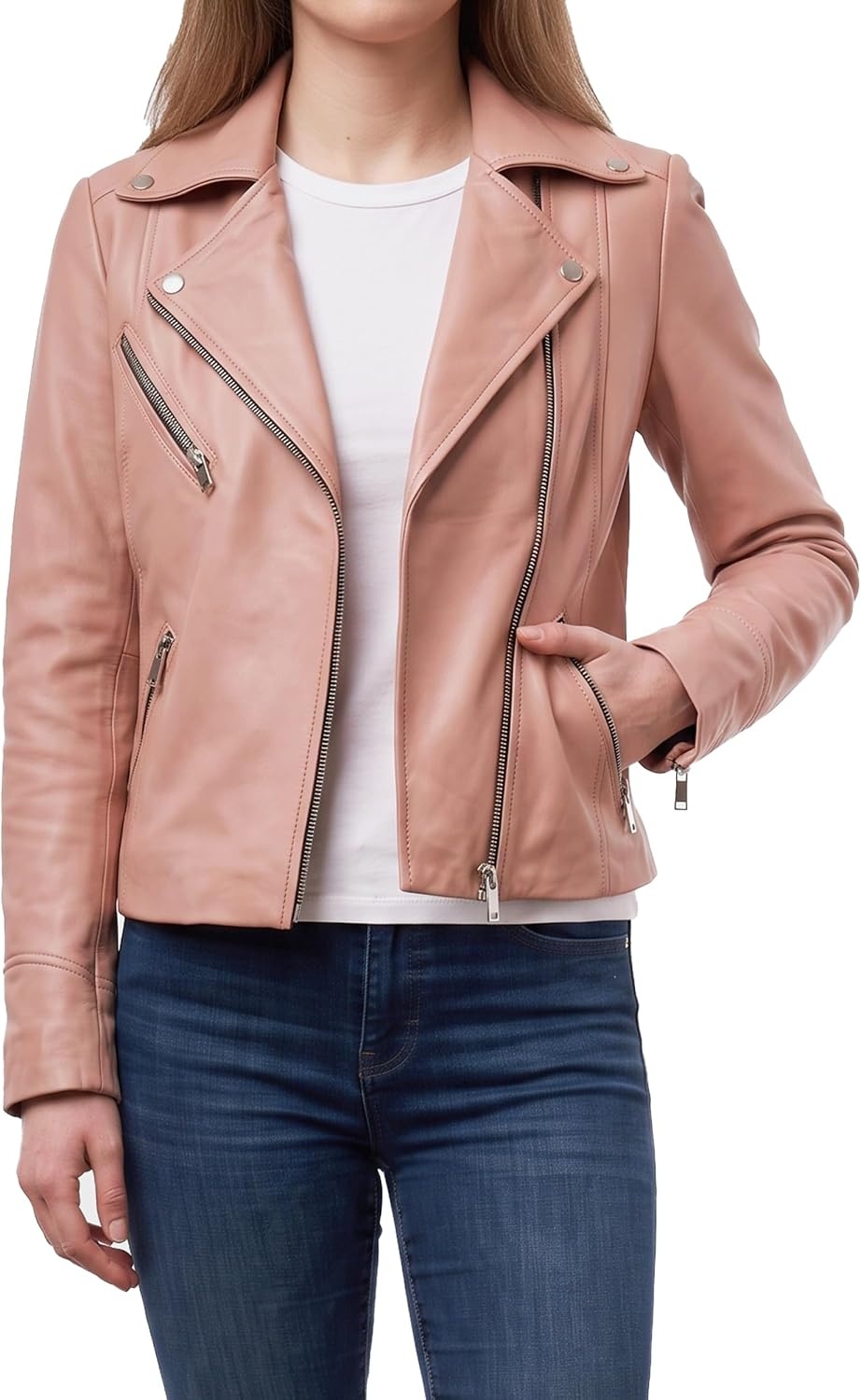 image:imageBlingsoul Asymmetrical Leather Jacket Women Real Lambskin Motorcycle Style Jacket for Women Genuine Womens Leather JacketPink