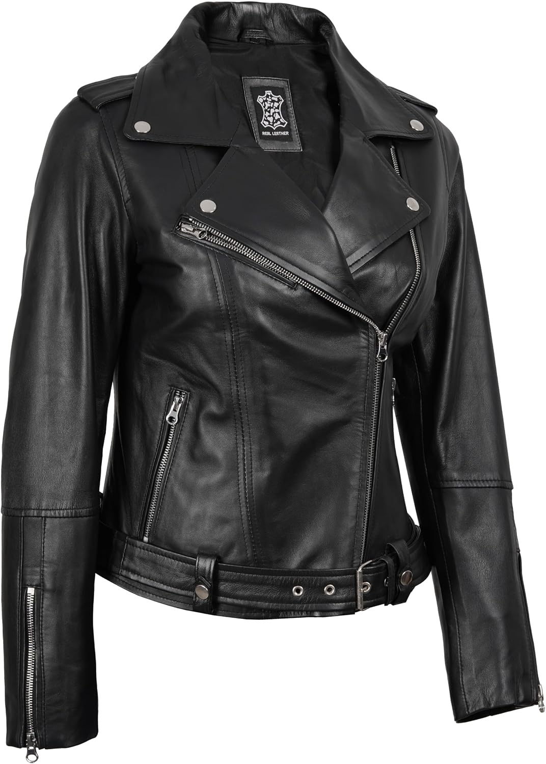 image:imageBlingsoul Asymmetrical Real Leather Jacket Women Belted Lambskin leather Jacket Womens Genuine Leather Moto Style JacketBlack