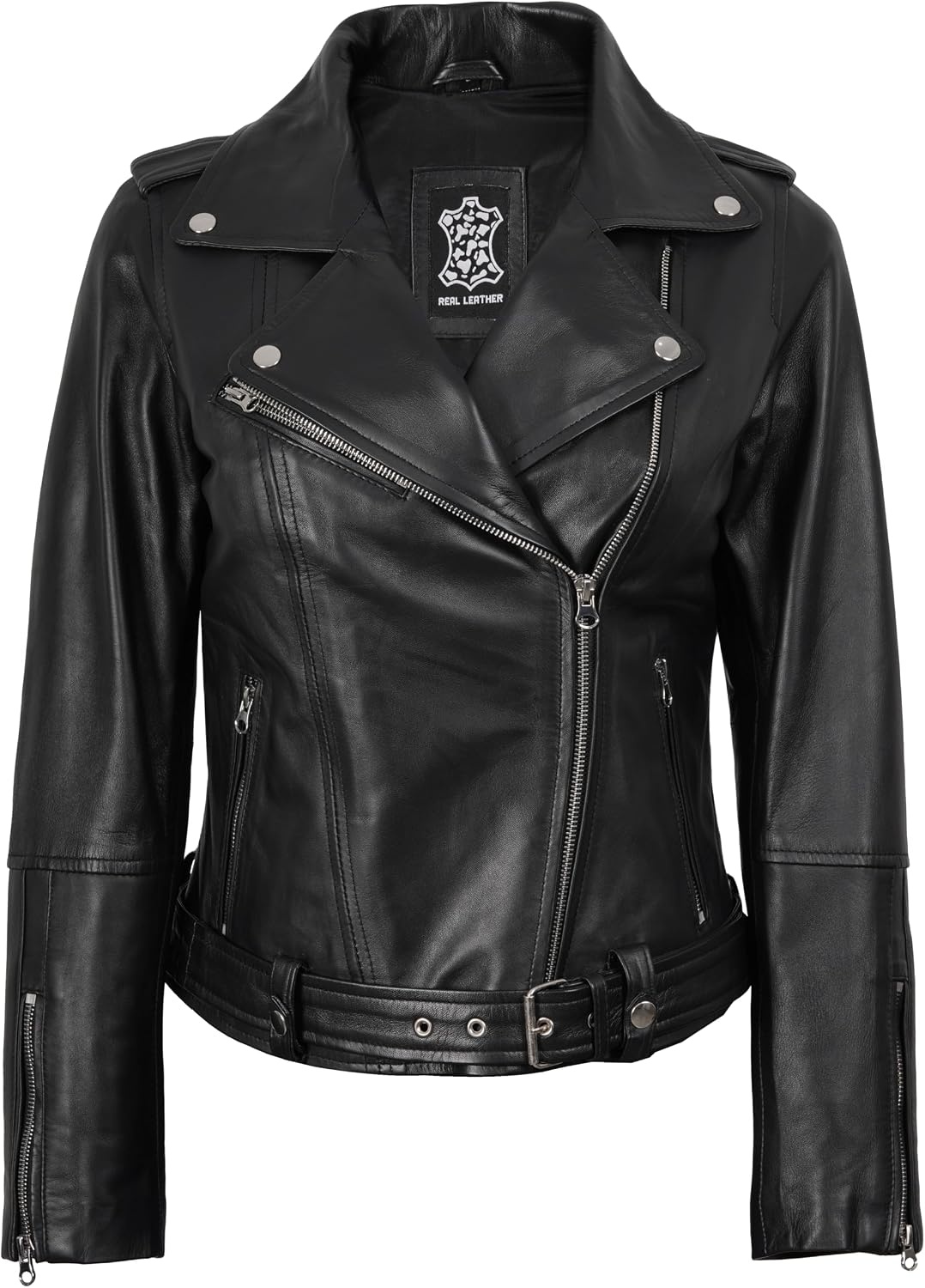 image:imageBlingsoul Asymmetrical Real Leather Jacket Women Belted Lambskin leather Jacket Womens Genuine Leather Moto Style JacketBlack