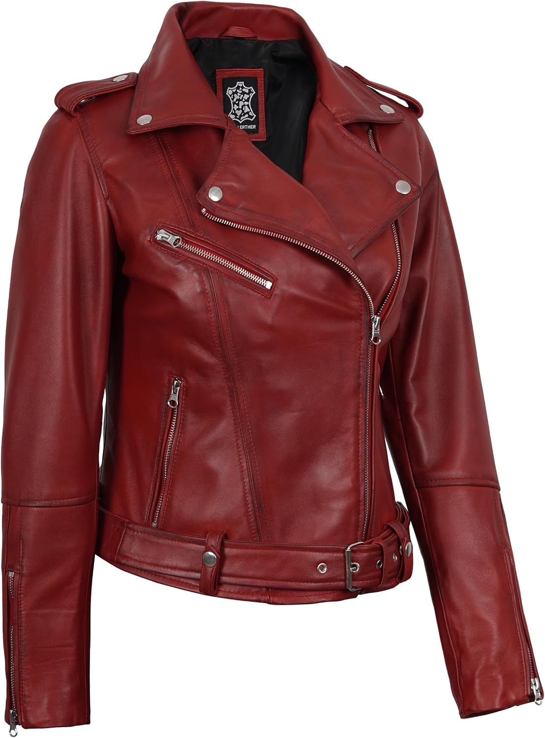 image:imageBlingsoul Asymmetrical Real Leather Jacket Women Belted Lambskin leather Jacket Womens Genuine Leather Moto Style JacketRed