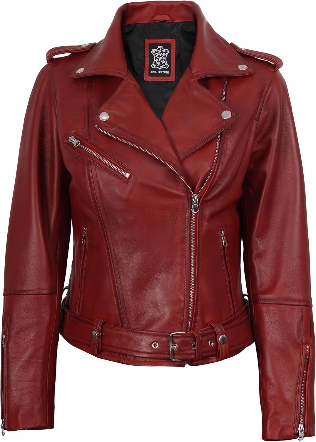 image:imageBlingsoul Asymmetrical Real Leather Jacket Women Belted Lambskin leather Jacket Womens Genuine Leather Moto Style JacketRed