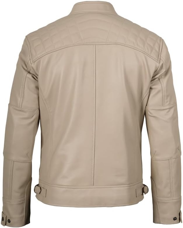 image:imageBlingsoul Cafe Racer Leather Jacket Men Quilted Real Lambskin Leather Jacket for Men with Snap Tab CollarBeige