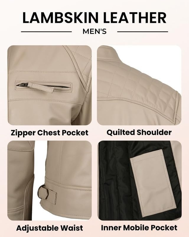 image:imageBlingsoul Cafe Racer Leather Jacket Men Quilted Real Lambskin Leather Jacket for Men with Snap Tab CollarBeige