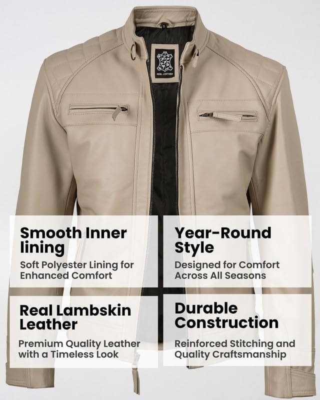 image:imageBlingsoul Cafe Racer Leather Jacket Men Quilted Real Lambskin Leather Jacket for Men with Snap Tab CollarBeige