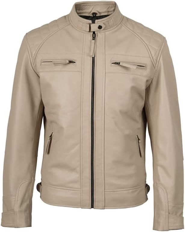 image:imageBlingsoul Cafe Racer Leather Jacket Men Quilted Real Lambskin Leather Jacket for Men with Snap Tab CollarBeige