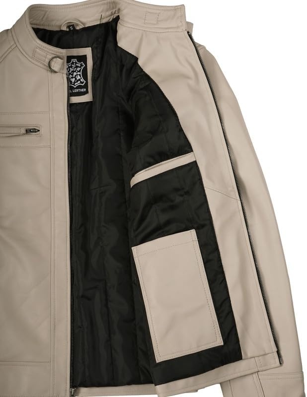 image:imageBlingsoul Cafe Racer Leather Jacket Men Quilted Real Lambskin Leather Jacket for Men with Snap Tab CollarBeige