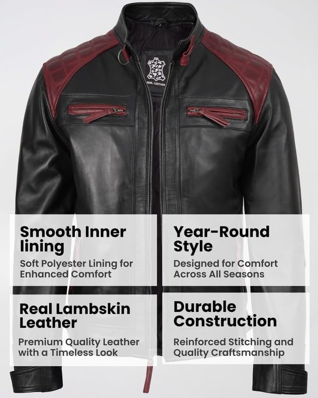 image:imageBlingsoul Cafe Racer Leather Jacket Men Quilted Real Lambskin Leather Jacket for Men with Snap Tab CollarBlack Maroon
