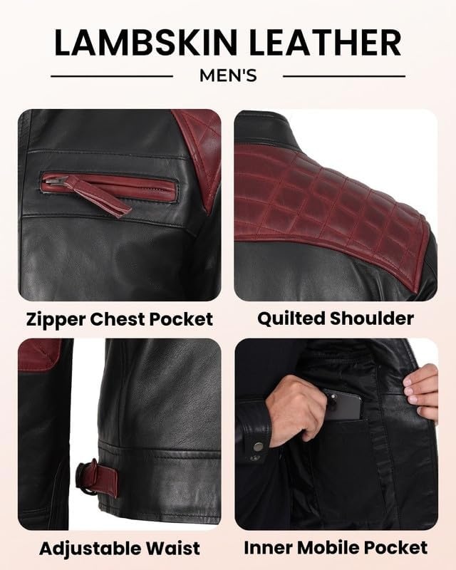 image:imageBlingsoul Cafe Racer Leather Jacket Men Quilted Real Lambskin Leather Jacket for Men with Snap Tab CollarBlack Maroon