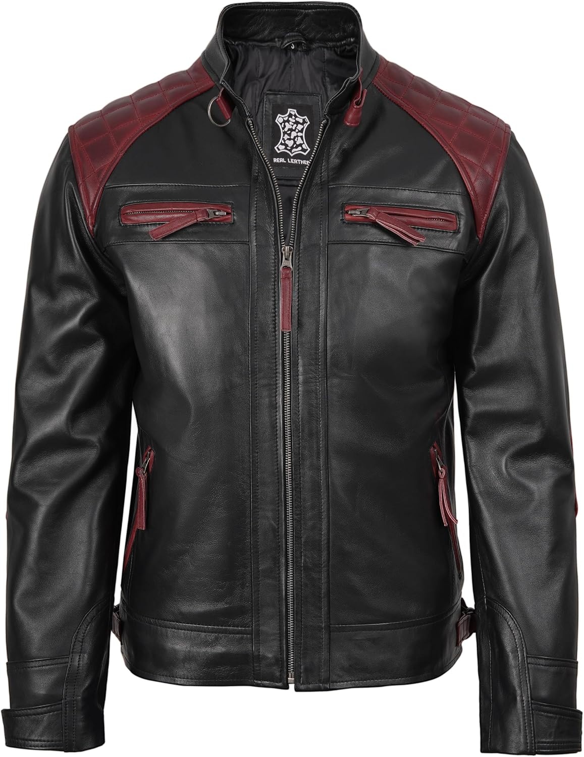 image:imageBlingsoul Cafe Racer Leather Jacket Men Quilted Real Lambskin Leather Jacket for Men with Snap Tab CollarBlack Maroon