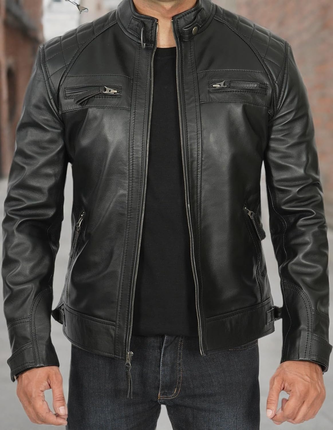 image:imageBlingsoul Cafe Racer Leather Jacket Men Quilted Real Lambskin Leather Jacket for Men with Snap Tab CollarBlack