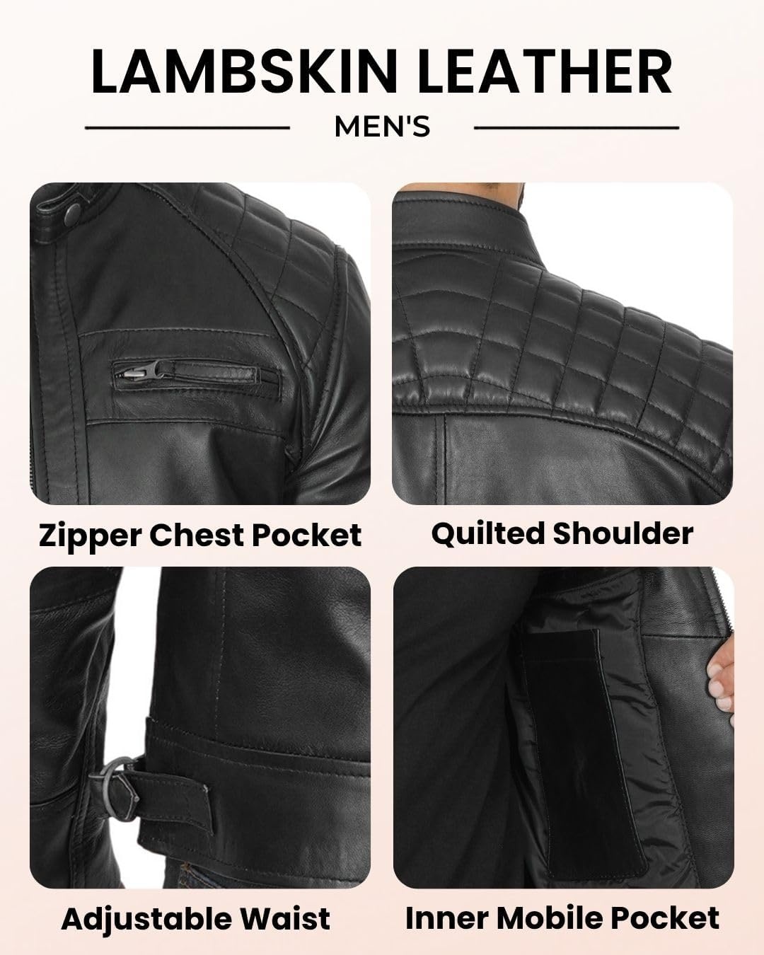 image:imageBlingsoul Cafe Racer Leather Jacket Men Quilted Real Lambskin Leather Jacket for Men with Snap Tab CollarBlack