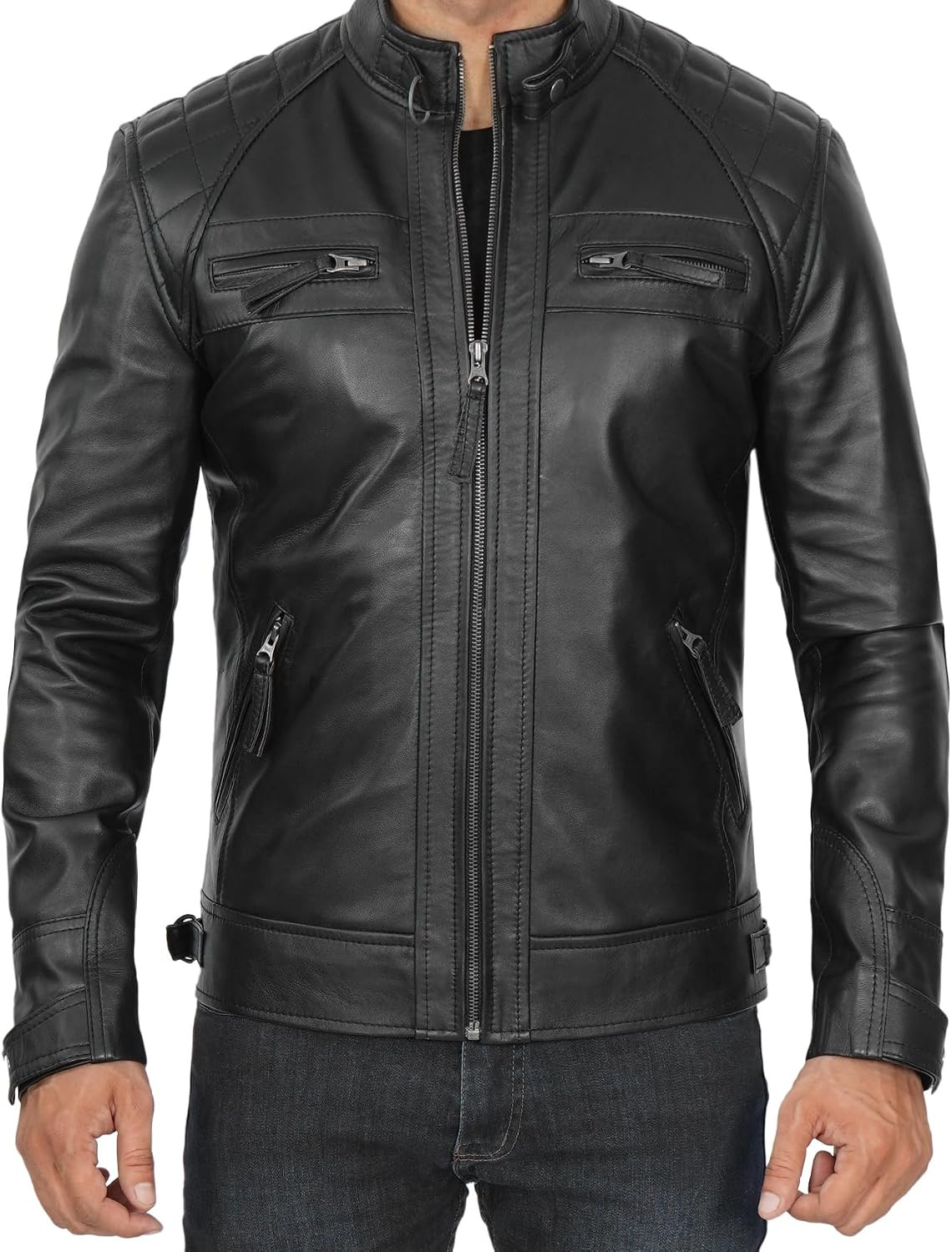 image:imageBlingsoul Cafe Racer Leather Jacket Men Quilted Real Lambskin Leather Jacket for Men with Snap Tab CollarBlack