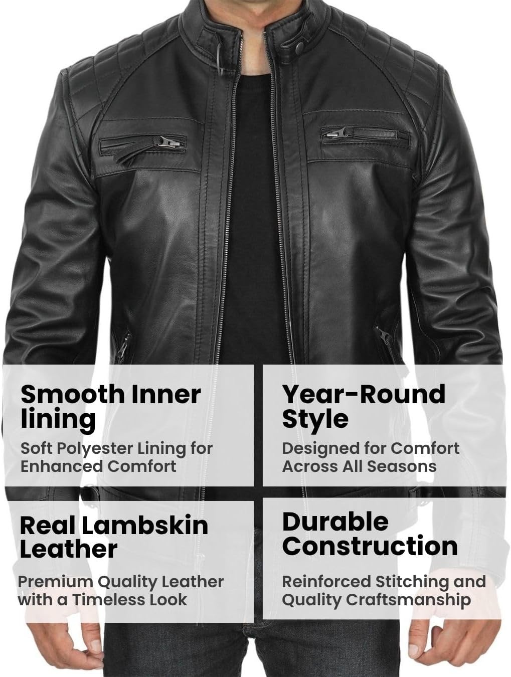 image:imageBlingsoul Cafe Racer Leather Jacket Men Quilted Real Lambskin Leather Jacket for Men with Snap Tab CollarBlack
