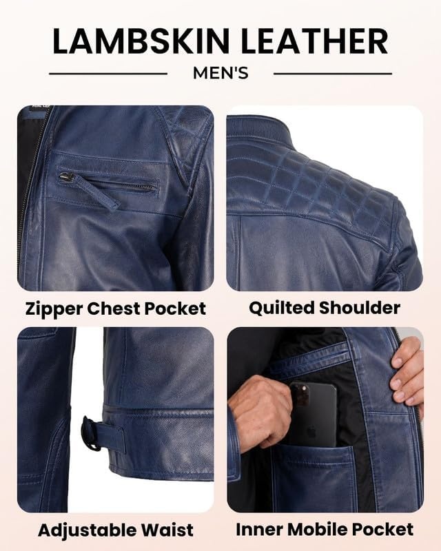 image:imageBlingsoul Cafe Racer Leather Jacket Men Quilted Real Lambskin Leather Jacket for Men with Snap Tab CollarBlue Wax